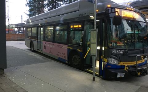 ピンク色のポスター広告をつけて走るカナダのバス