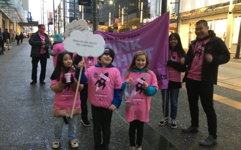 Volunteers calling for donations on the road for anti-bullying campaign named pinkshirtday