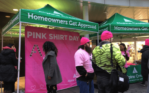 pinkshirtday-Volunteers interviewed on the road and interview crew
